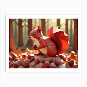 Low Poly Red Squirrel Sitting On A Log Surrounded By Acorns In A Forest Art Print