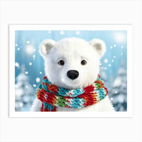 Illustration Of A Fluffy White Polar Bear Cub Adorned In A Handcrafted Knit Cap And Scarf Exuding C Art Print