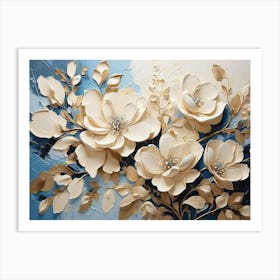 White Flowers On Blue Background Art Print