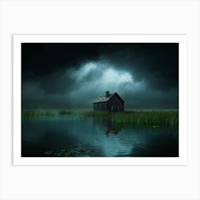 Old House With Its Weathered Walls Reflects On A Tranquil Pond Surrounded By Wisps Of Clouds Agains Art Print