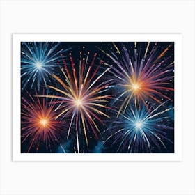 Watercolor Illustration Of Colorful Fireworks Exploding Against A Dark Blue Background Art Print