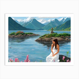 Woman Sits By The Lake With Mountain View Art Print