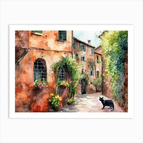 Black Cat In Perugia, Italy, Street Art Watercolour Painting 2 Art Print