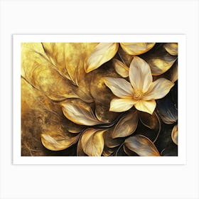 Golden Floral Background, Abstract Vintage Flower Design, Artwork Gold Nature Art Print