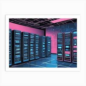 A Server Room With Rows Of Server Racks, Illuminated With Pink And Blue Neon Lights Art Print