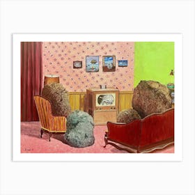 Surreal Rocks In Living Room Watching Elvis On TV Art Print