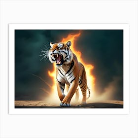 A Tiger Roaring With Flames Behind It, Standing On A Sandy Ground With Smoke And Dust Art Print