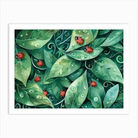 Ladybugs On Green Leaves Art Print