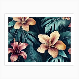 Tropical Seamless Pattern with Exotic Flowers and Leaves 3 Art Print