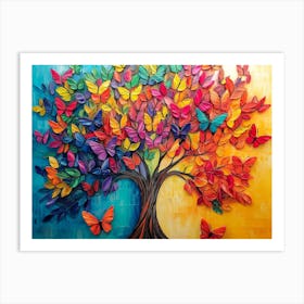 Colorful Tree With Vivid Leaves And Butterflies Painted In Beautiful 3d Abstract Art Print