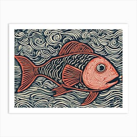 Fish In The Waves Linocut Art Print