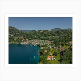 Summer holidays on the lake.  Italy, Piedmont. Lake Orta. Drone photography Art Print