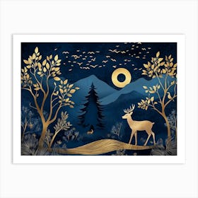 Dark Blue From The Contemporary Era Christmas Tree, Mountain, Deer, Birds and Waves Of Gold 1 Art Print