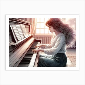 Girl playing piano music wall art poster Art Print
