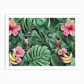 Tropical Seamless Pattern With Protea, Hibiscus Flowers, Banana Leaves, Palm, Monstera, Hummingbirds 1 Art Print