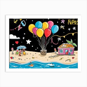 An Illustrated Idea Of A Birthday Party On The Beach Cartoon Valentine Balloons Hand Drawn Vector (4) Art Print