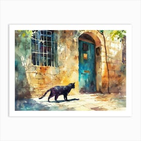 Tel Aviv, Israel   Cat In Street Art Watercolour Painting 2 Art Print