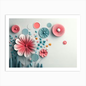 Pastel 3d Art With Flowers And Circles In Light Gray Art Print