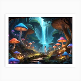 Woman Walking Through A Mystical Forest With Glowing Mushrooms And A Waterfall 6 Art Print