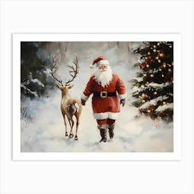 Santa And Deer Art Print