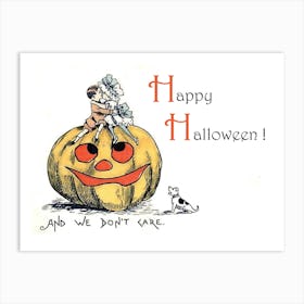 Couple In Love Sitting On A Big Pumpkin, Happy Halloween Art Print