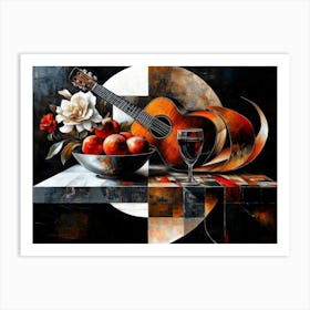 Geometric Harmony: Analytical Cubist Still Life of Guitar and Fruit Bowl Art Print