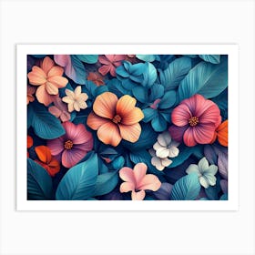 Pattern Art with Colorful Flowers and Leaves Art Print