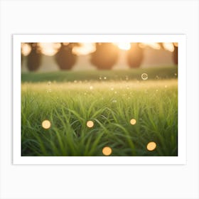 A Close Up Shot Of A Grassy Field At Sunset, With Water Droplets And Bokeh Effects 2 Art Print