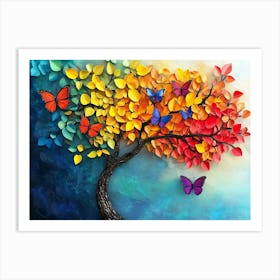 Colorful Tree With Vivid Leaves As Backdrop For Butterfly Tree Theme Art Print