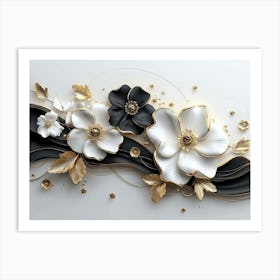 3d Artwork Illustration White Background with Golden Jewelry and Flowers in Black Design Art Print