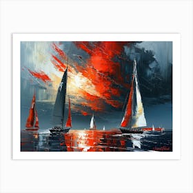 A Dramatic Seascape With Sailboats Art Print