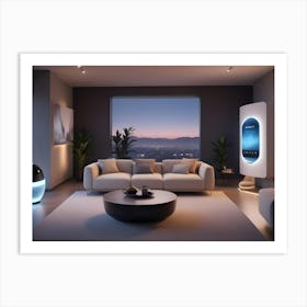 A Modern Living Room Interior With A White Couch, A Coffee Table, A Large Window, And A Smart Home Interface On The Wall Art Print