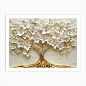 3d Golden Tree Life with White Flowers Art Print