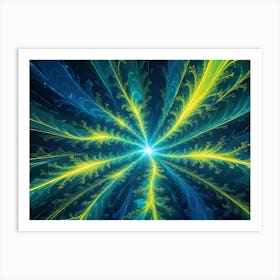 An Abstract Fractal Image Featuring Swirling, Glowing Lines And Shapes In Shades Of Blue And Yellow On A Dark Background Art Print