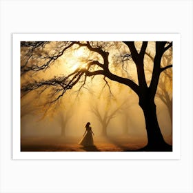 A Woman In A White Dress Walks Through A Misty Forest, Bathed In The Golden Light Of The Rising Sun Art Print