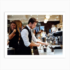 Barista Focused On Pouring Water Into A Step By Step Dripper Amid The Bustling Ambiance Of A Busy C (3) Art Print