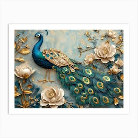 3d Peacock Illustration Background with Golden Jewelry and Flowers 3 Art Print