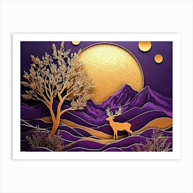 Golden Lines, Golden Deer and Tree in Purple Background. Golden Sun and Mountain Art Print