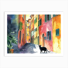 Black Cat In Genoa, Italy, Street Art Watercolour Painting 2 Art Print