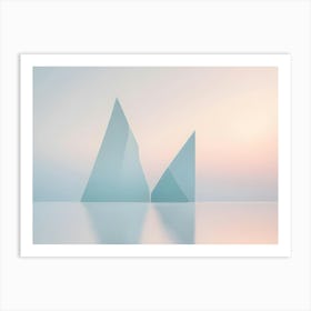 Abstract 3d Rendering Of Two Geometric Shapes In Soft Blue And Pink Hues, Reflecting In A Water Like Surface Art Print