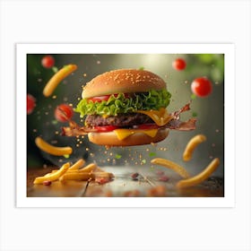 Burger And Fries Floating Weightlessly Poster