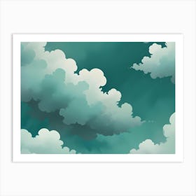 Seamless Pattern Featuring Stylized, Soft White Clouds Against A Teal Background, Reminiscent Of A Whimsical Sky Art Print