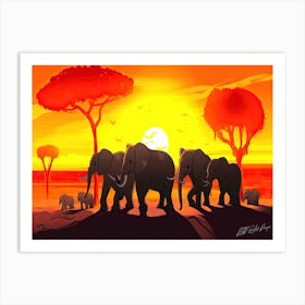 Serengeti Safari - Elephants At Sunset Dusk Art Print