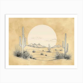 Desert Landscape Illustration With Cacti Sun And Mountains Art Print