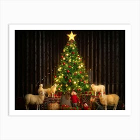 Sheep Family Gathered In Festive Spirit Around A Christmas Tree Soft Candlelight Casting Warm Glows Art Print