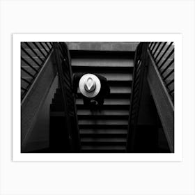 Architecture With Lines And Shapes, Staircase With Man And White Panama Hat Art Print