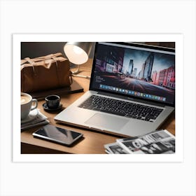 A Still Life Image Of A Laptop, A Coffee Cup, A Phone, A Bag, And Magazines On A Wooden Desk Art Print