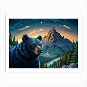 Black Bear In A Mountain Landscape With A Night Sky Art Print