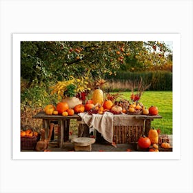 Autumnal Still Life Composition Featuring A Wooden Table Set In A Rustic Garden During The Golden Ho (7) Art Print