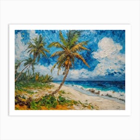 A Painting Of Two Palm Trees On The Beach Art Print